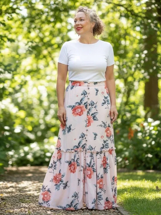 American Eagle Outfitters Pink Maxi Skirt with Coral Floral Print XL - Picture 2 of 9